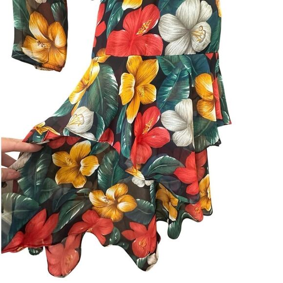 VINTAGE J. Harris 90s Tropical Hawaii Tiered Ruffle Asymmetric Midi Dress Size 4 - Picture 4 of 16